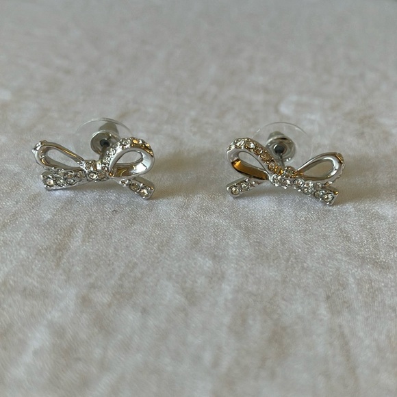 Kate Spade: “Skinny Mini” Pave Bow Stud Earrings- Silver Tone - Picture 1 of 12